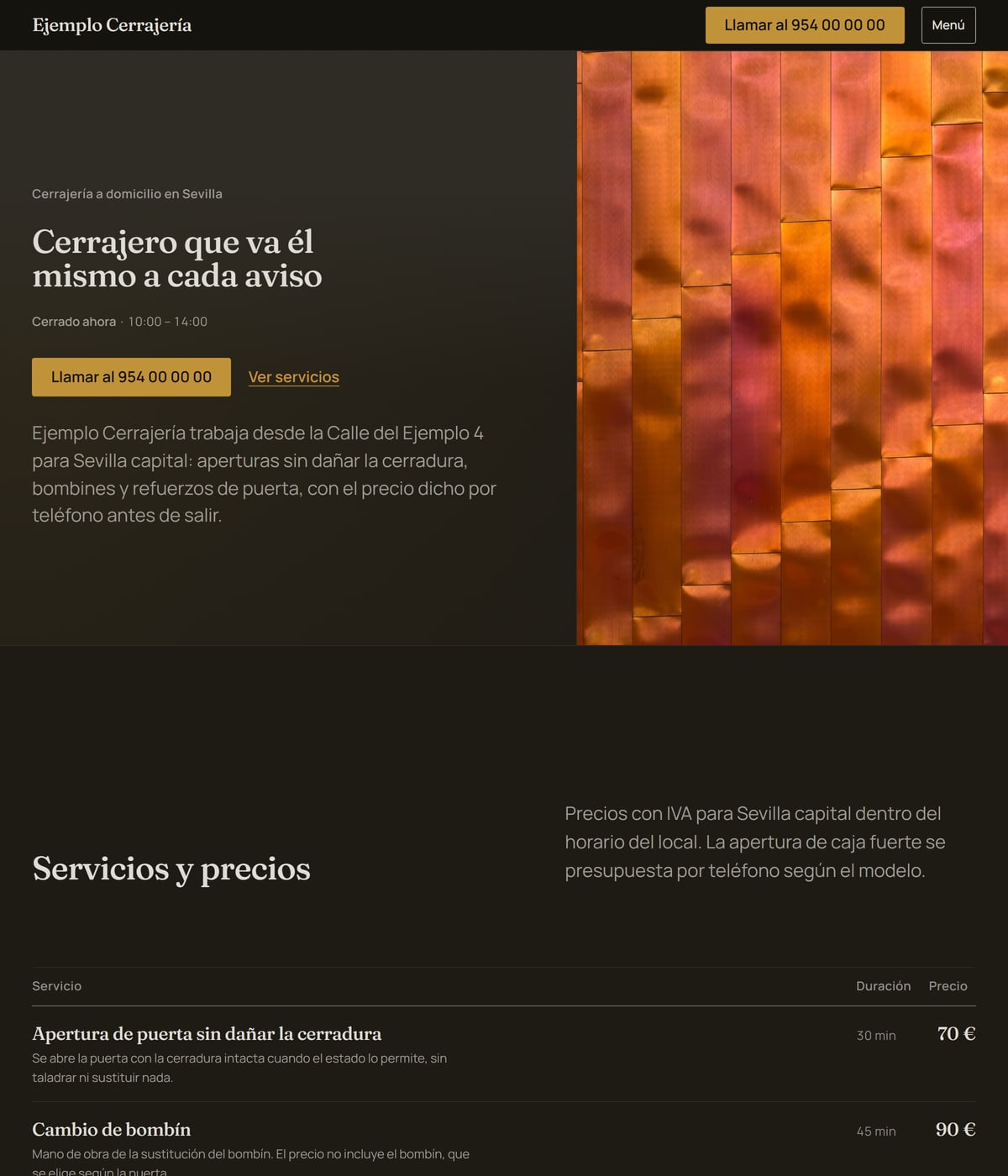 Portada de la web de ejemplo de una cerrajería: fondo casi negro, foto de un cierre metálico ocupando la mitad derecha y el botón dorado de llamar.